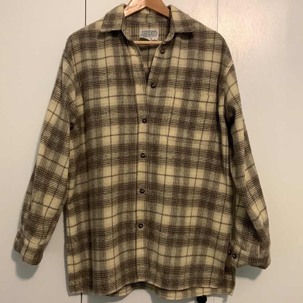 Vintage 90s Flannel Shacket Check Plaid Button Down Oversized Beige Gray Brown